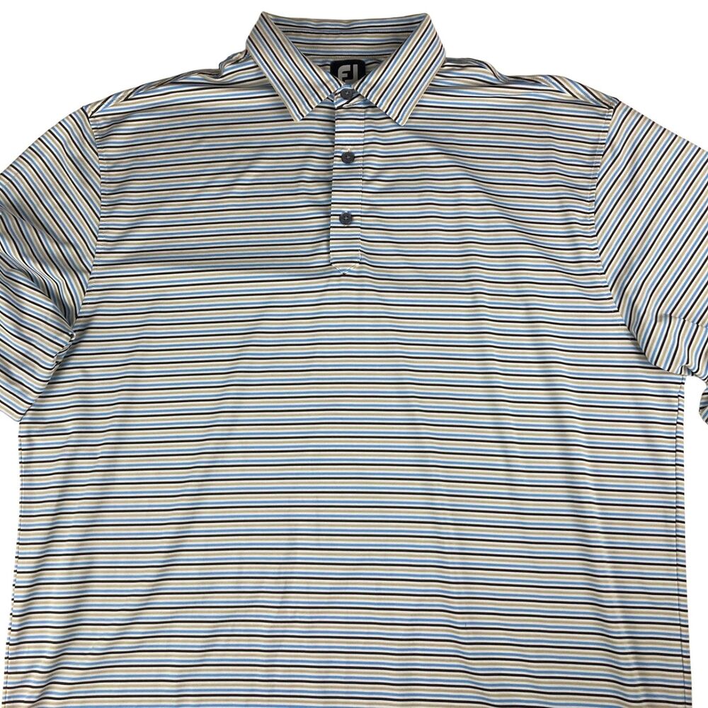 FootJoy Polo Shirt Mens XL Striped Golf Performance Stretch FJ Blue Tan Black